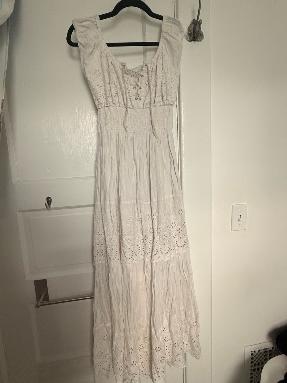 White Eyelet Lace Maxi Dress with Tie Front